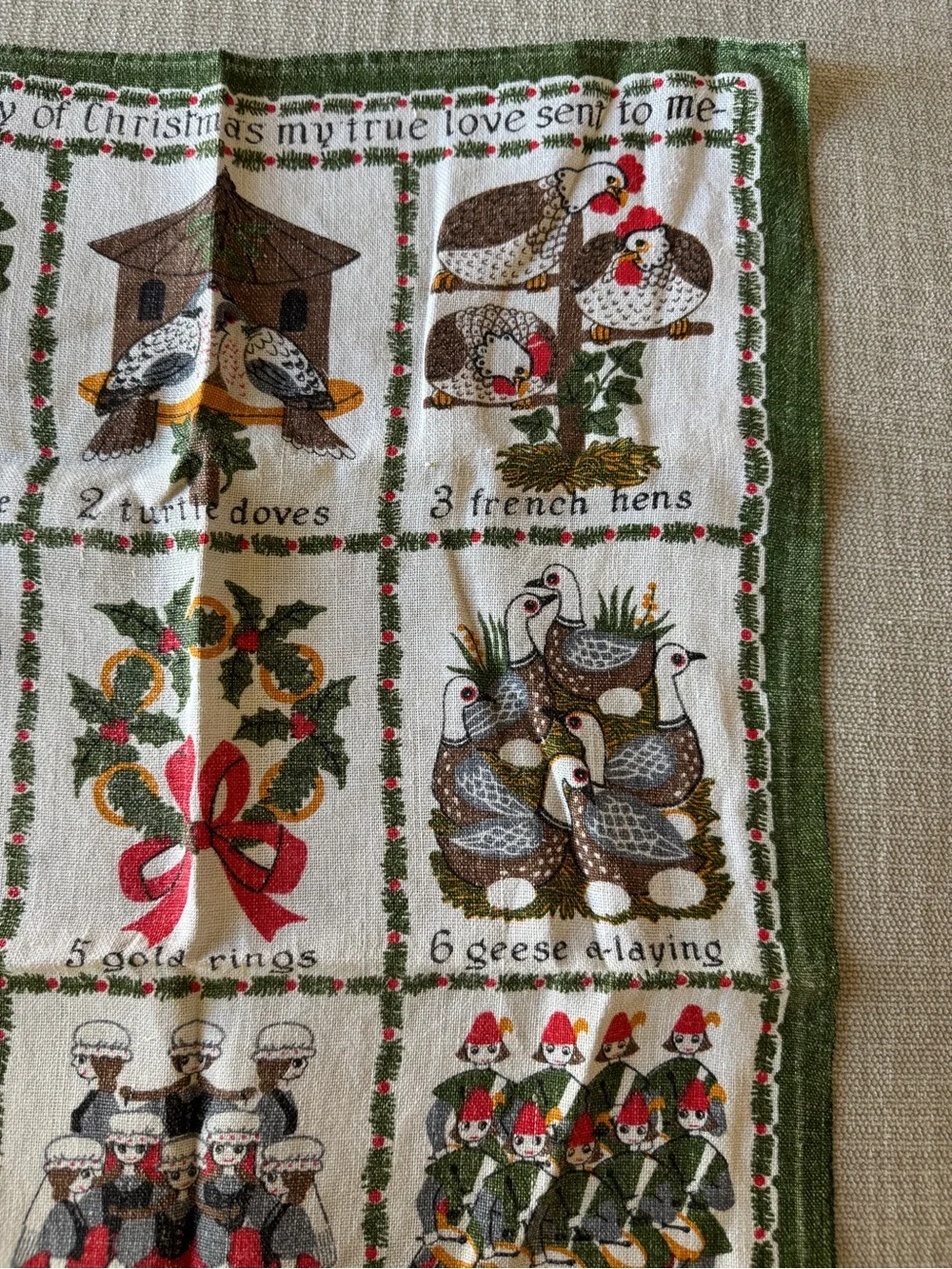 Vintage 12 Days of Christmas Irish Linen Tea Towel - Made in Ireland 1960s-1970s